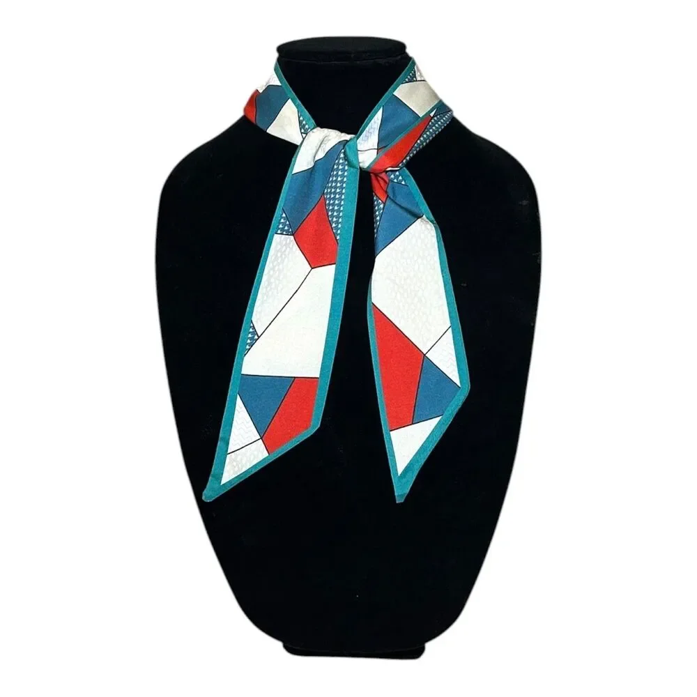 Green Woman Scarf Thin Ribbon Wrap Geometric 37” X 2.5”